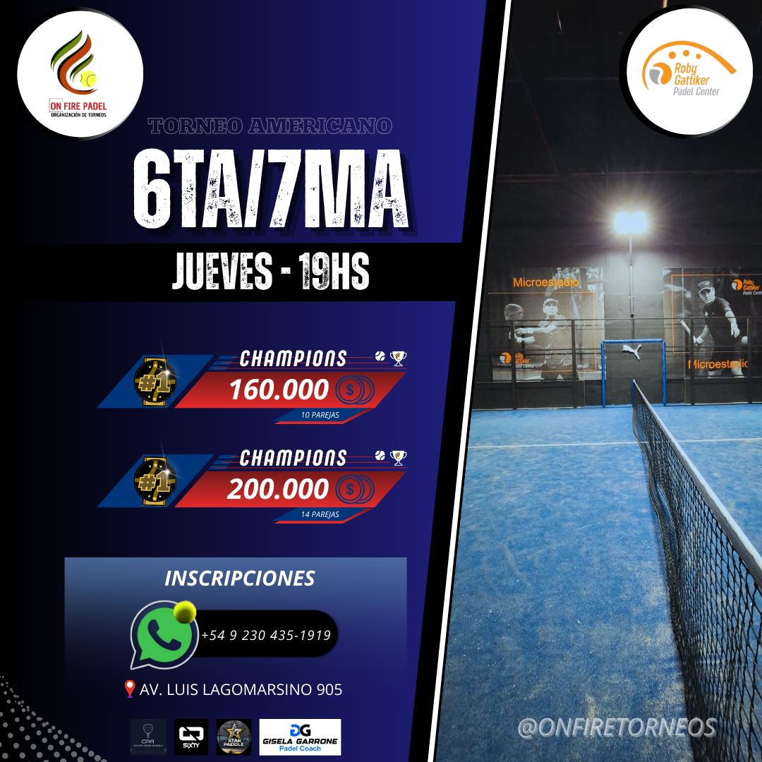 TORNEO AMERICANO 6TA/7MA CABALLEROS/ JUEVES 25/12 19HS/ ROBY GATTIKER PADEL CENTER