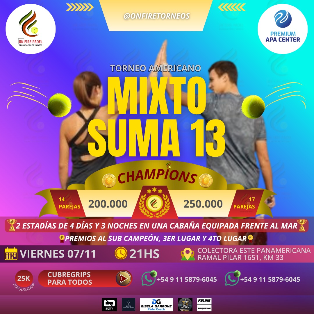 VIERNES 7-11-2025 MIXTO SUMA 13 PREMIUN PADEL CENTER APA 21HS